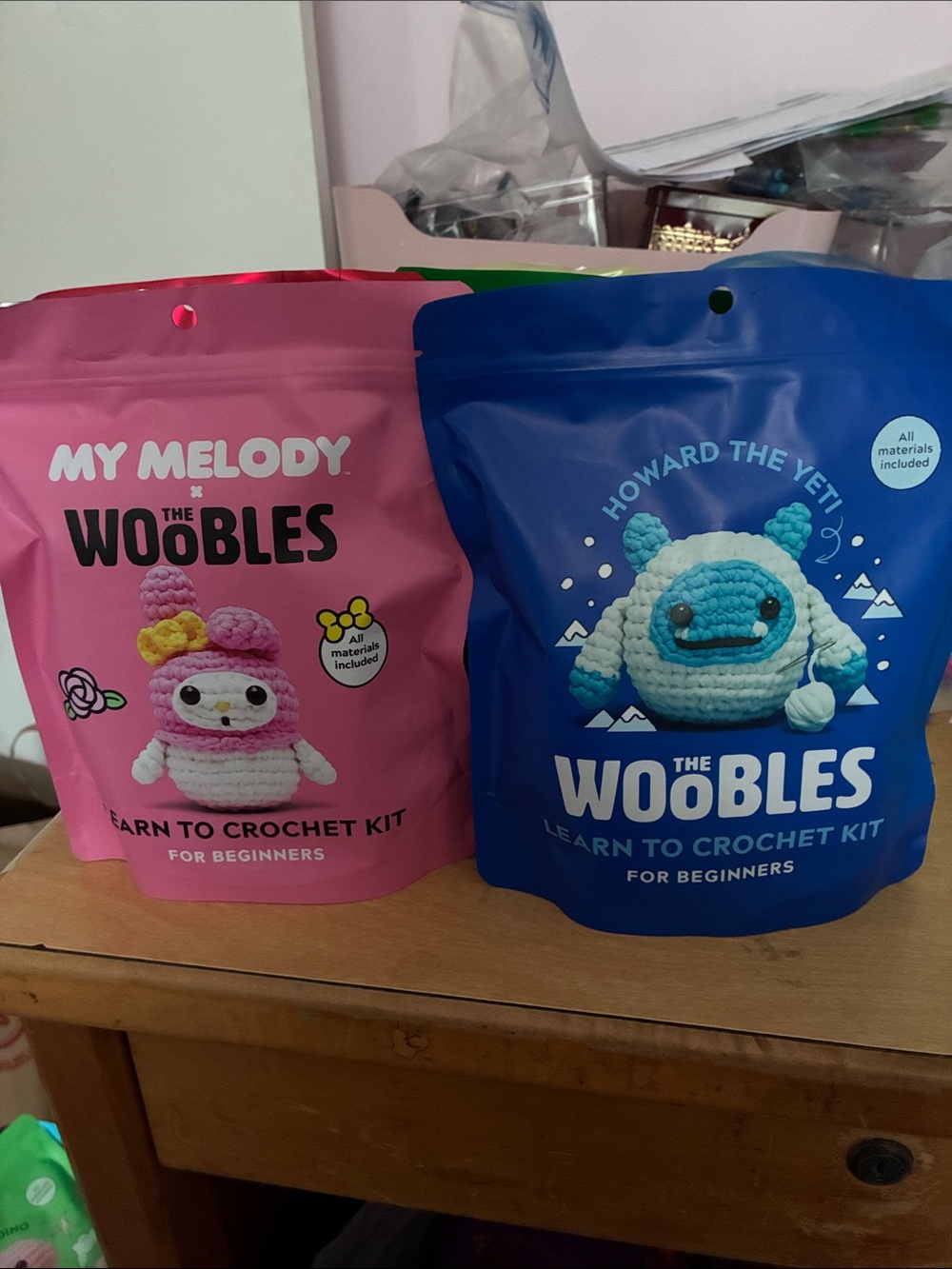 Woobles crochet kits fir raccoon my melody and yeti